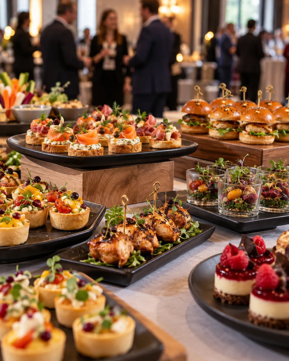 Kurumsal organizasyon için finger food ve kokteyl catering sunumu